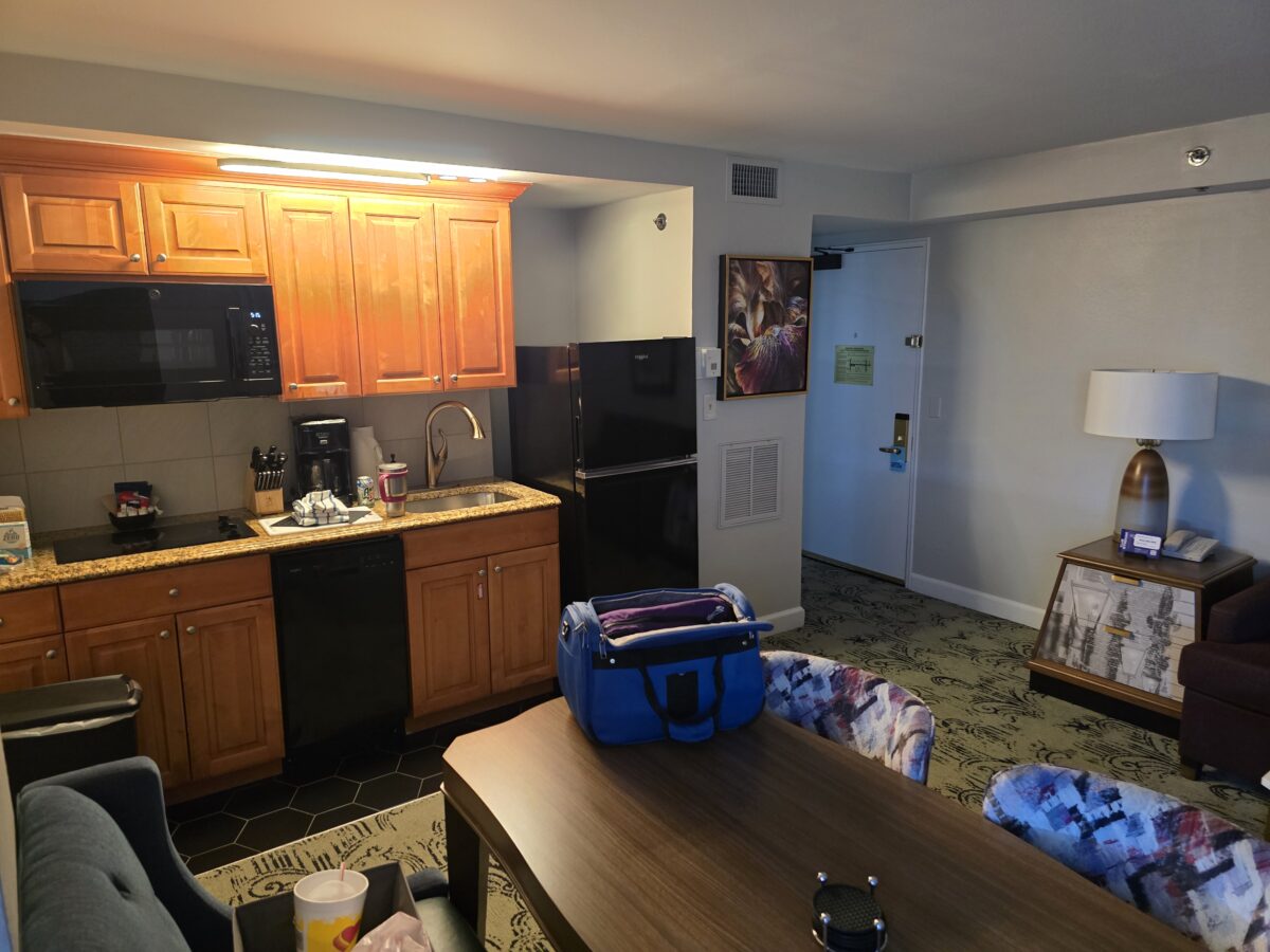 The kitchen area in my one bedroom units at Wyndham Avenue Plaza Timeshare On St. Charles Street in New Orleans