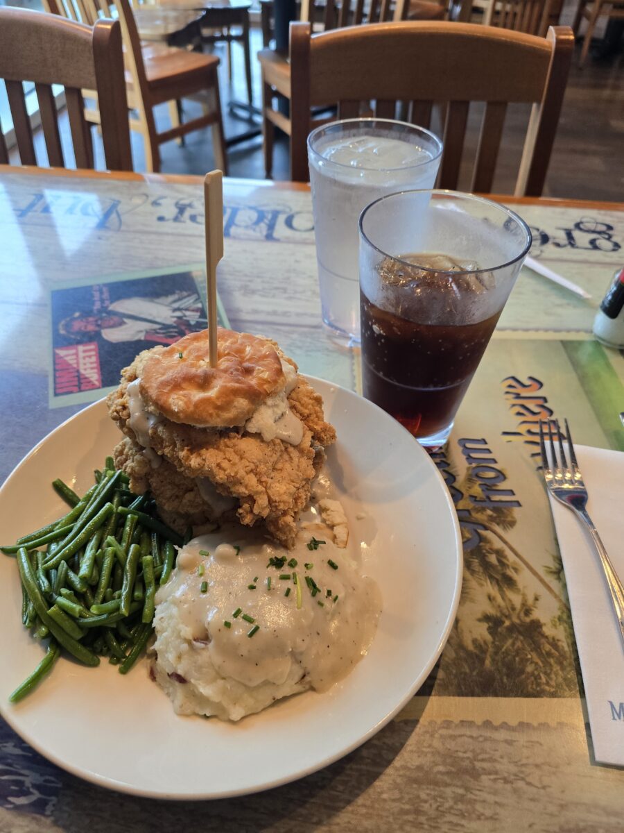 Fried Chicken and biscuit lunch at The Five O'clock Somewhere bar at Margaritaville Atlanta