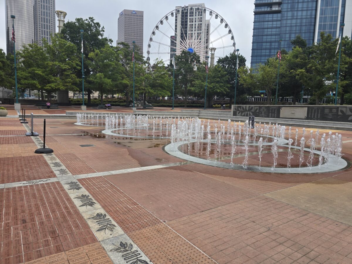 A water fountain in the shape of the Olympic rings in Atlanta's Olympic Park