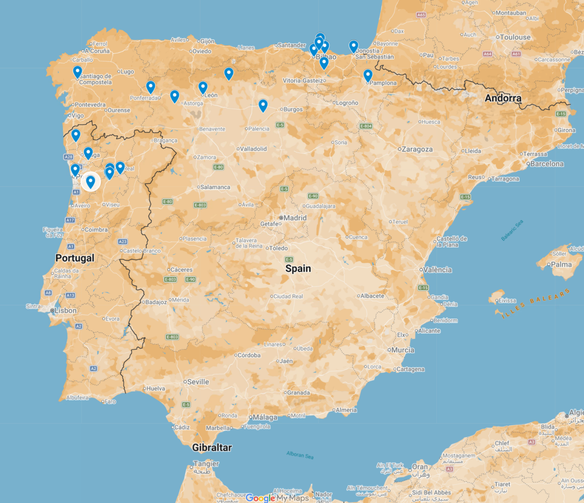 a map of the Iberian Peninsula (Spain and Portugal) indicating the various places we visited during my trip.